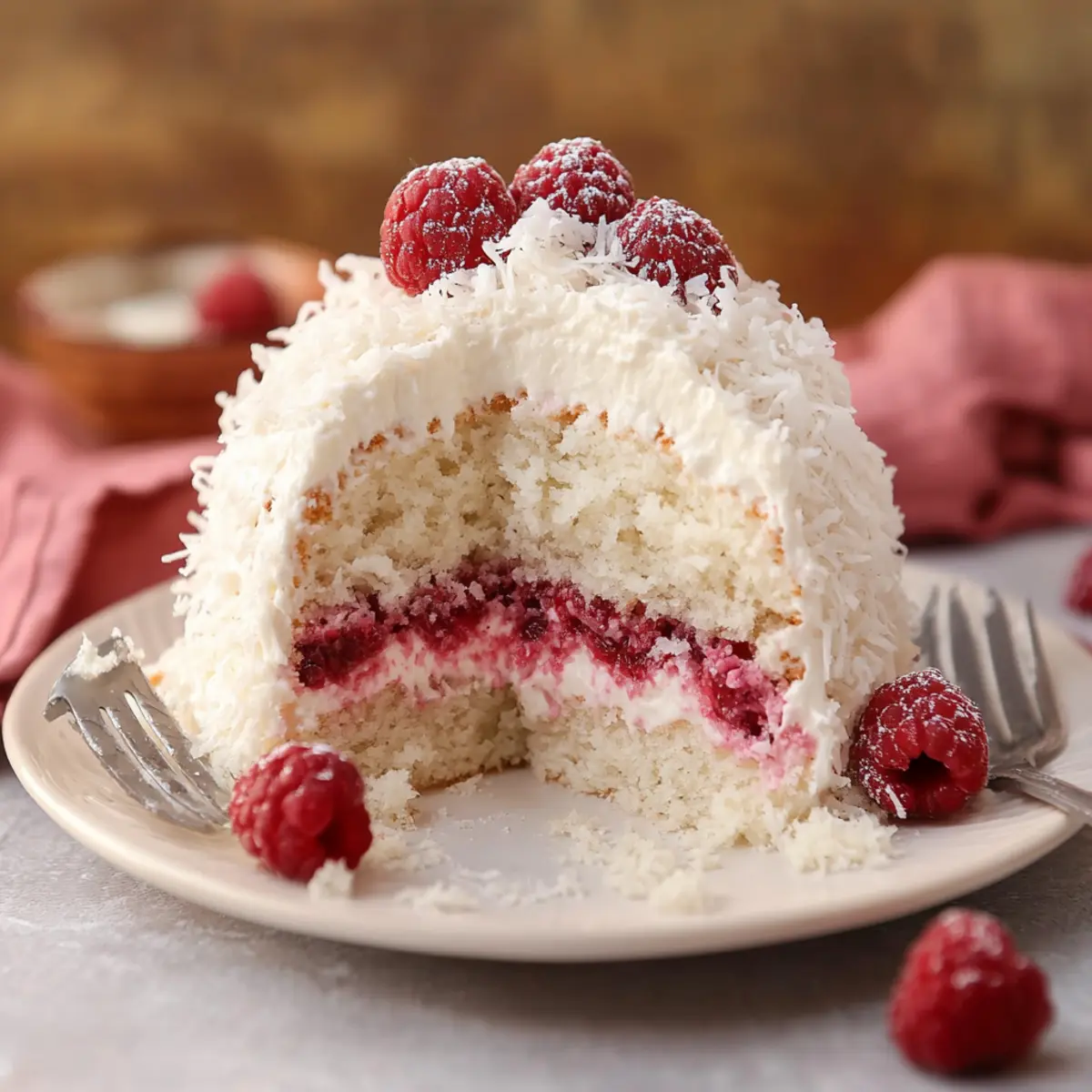 Raspberry Surprise Coconut Snowball Cake