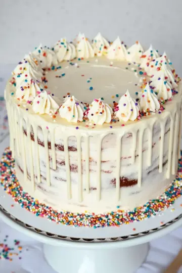 layered confetti drip cake