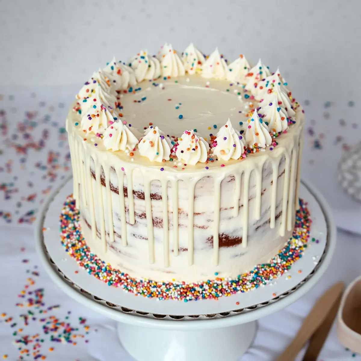 layered confetti drip cake